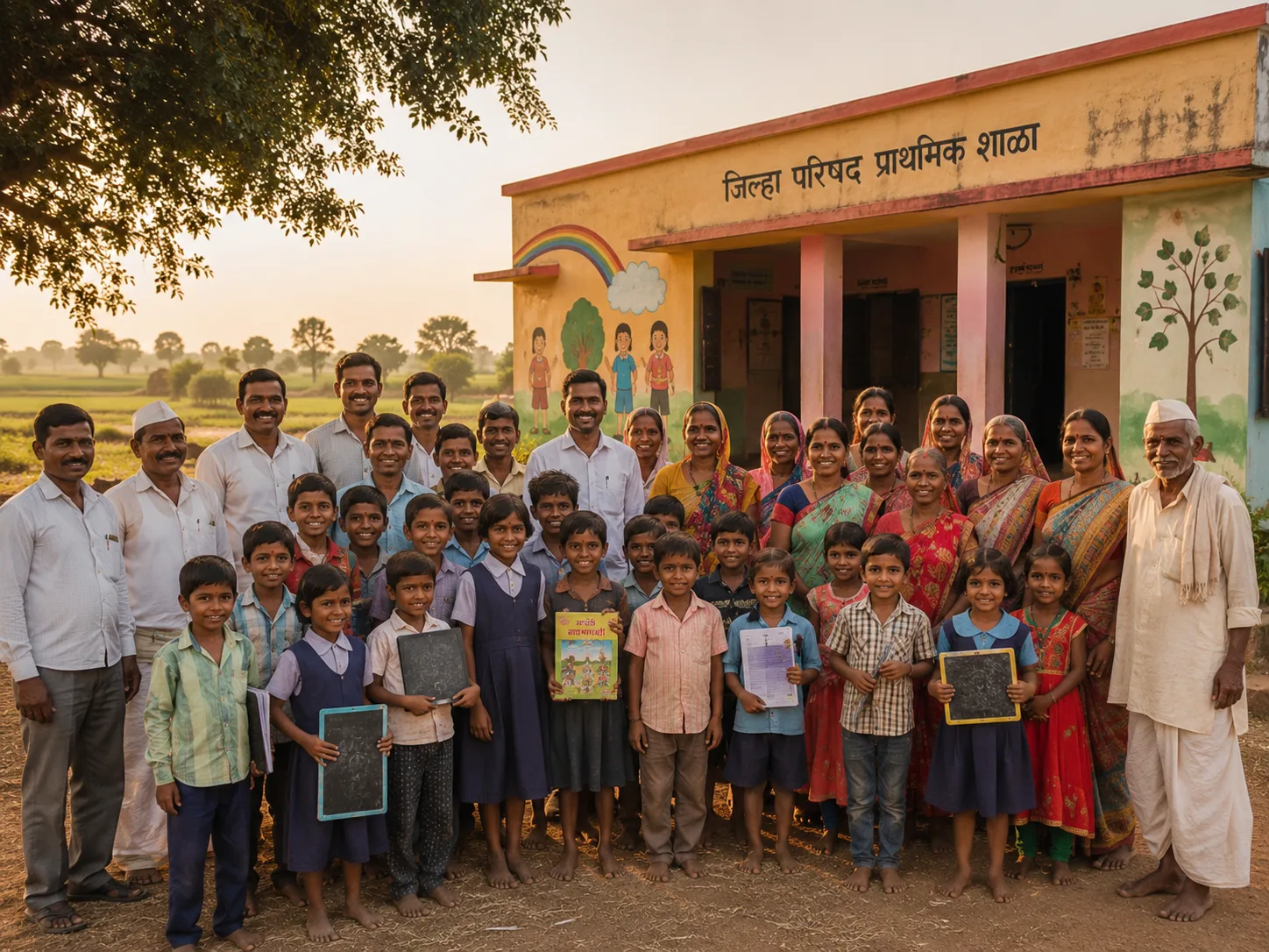 Rural community members and children gathering in village school in Gujarat